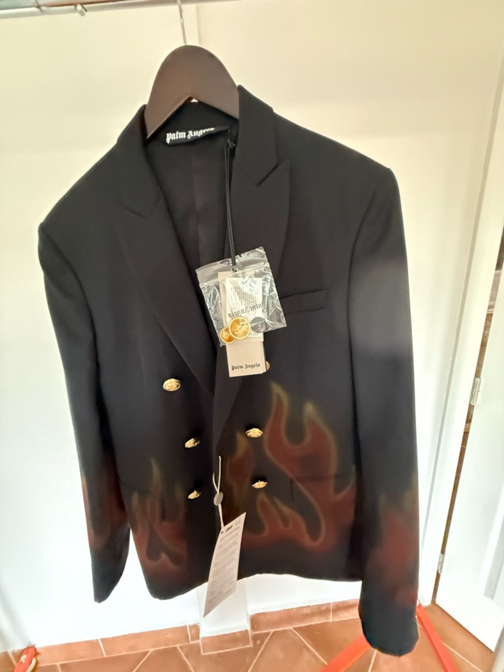 Palm Angels Black Double-Breasted Blazer with Flame Graphic - Picture 3 of 5